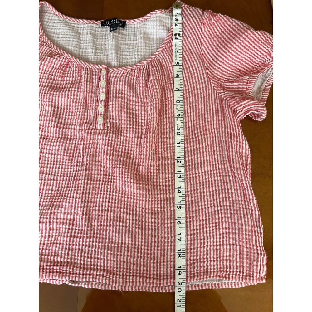 J. Crew Puff Sleeve Henley Top Red White Stripe Cropped Cotton Gauze Size Large - Picture 9 of 9